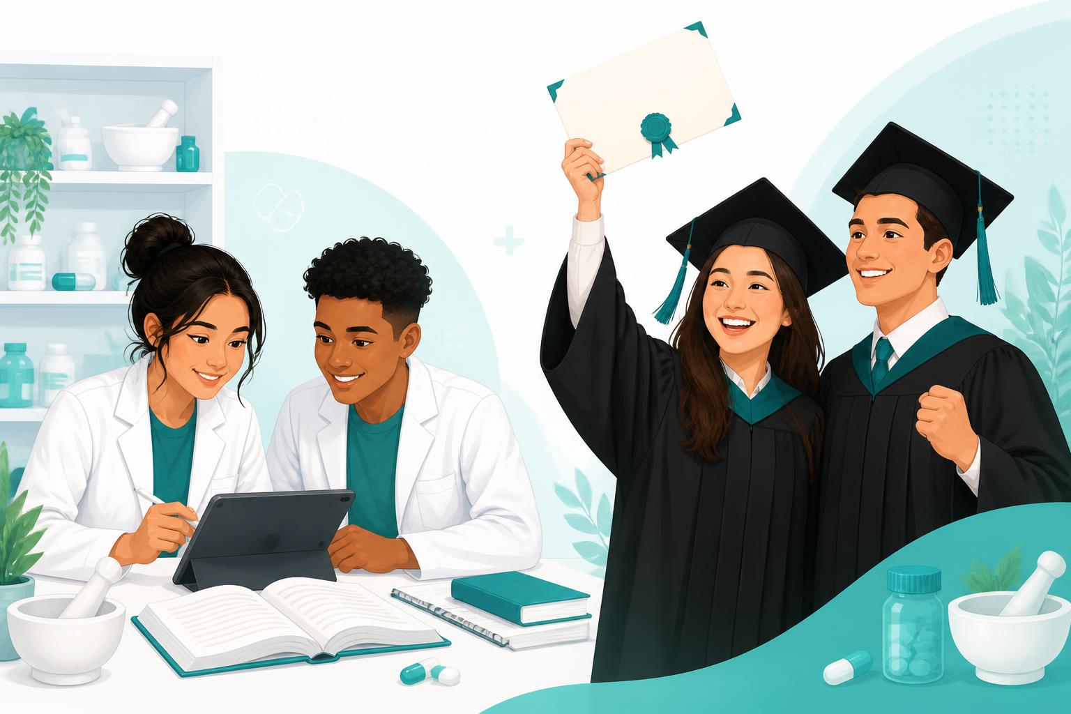 Two pharmacy students studying together with notes and a laptop, beside two graduates in academic gowns smiling and holding up a graduation certificate