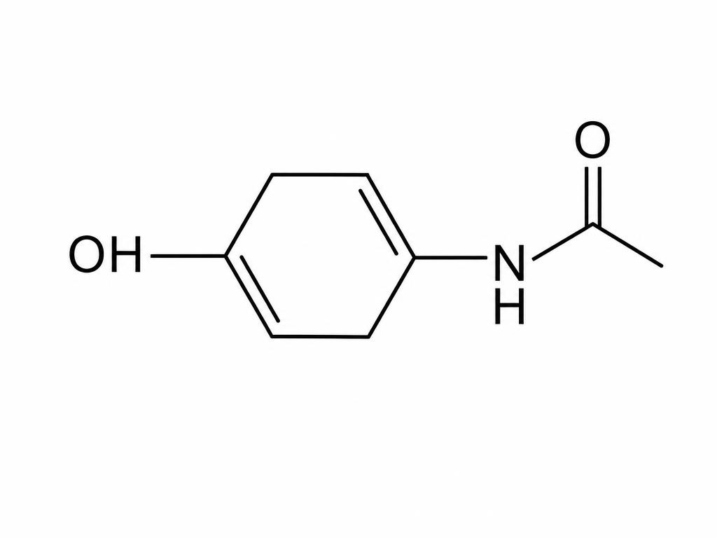 Skeletal chemical structure diagram of paracetamol showing a benzene ring with a hydroxyl group and an acetamido side chain