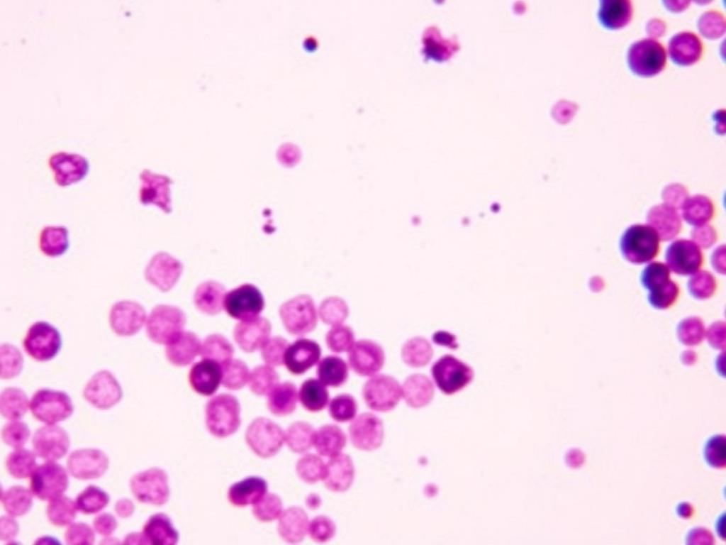 Gram stain micrograph at 1000x oil immersion showing clusters of deep purple cocci on a pale pink background