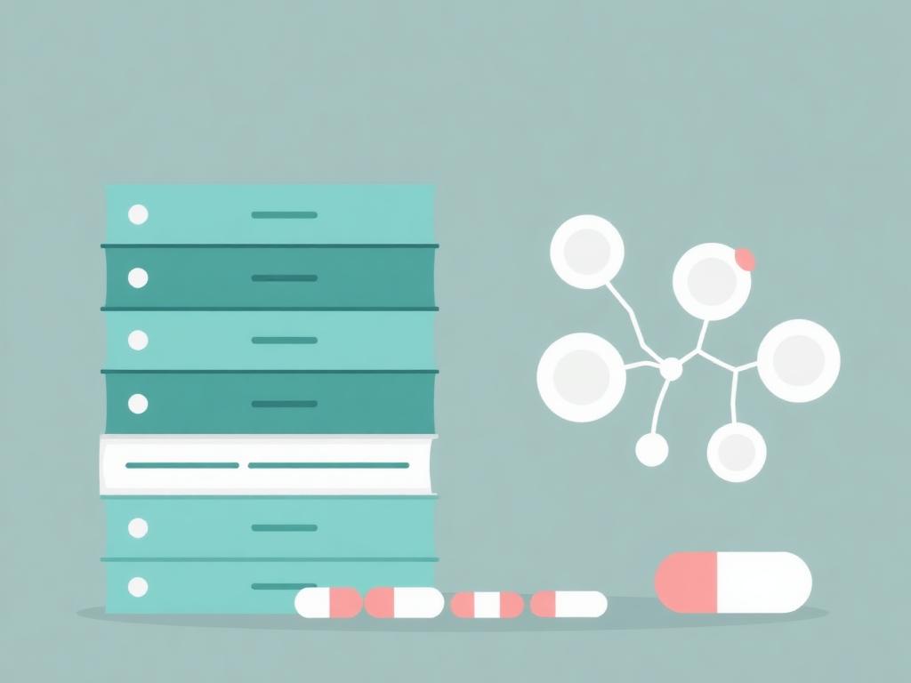 Pharmacy exam question cards with capsules and molecule illustrations